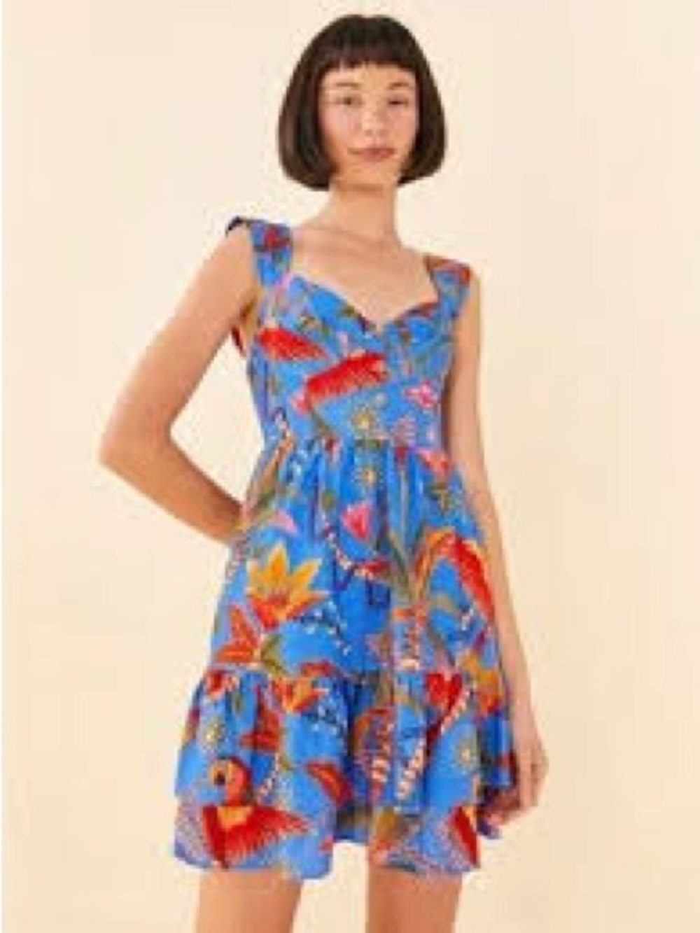 FARM Rio Blue Tropical Print Mini Dress with Red & Yellow Accents